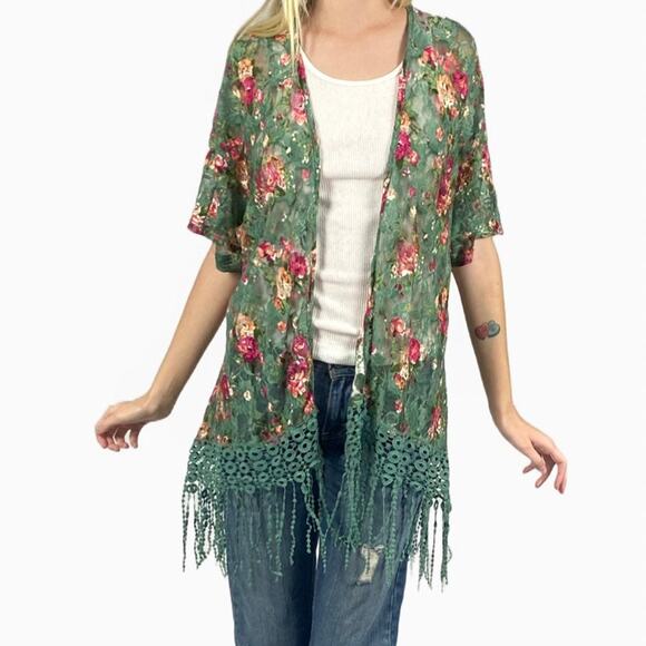 Sweet Rain Sage Floral Mesh Fringe Cardigan Cover Up Shawl Sz Medium - Picture 11 of 11